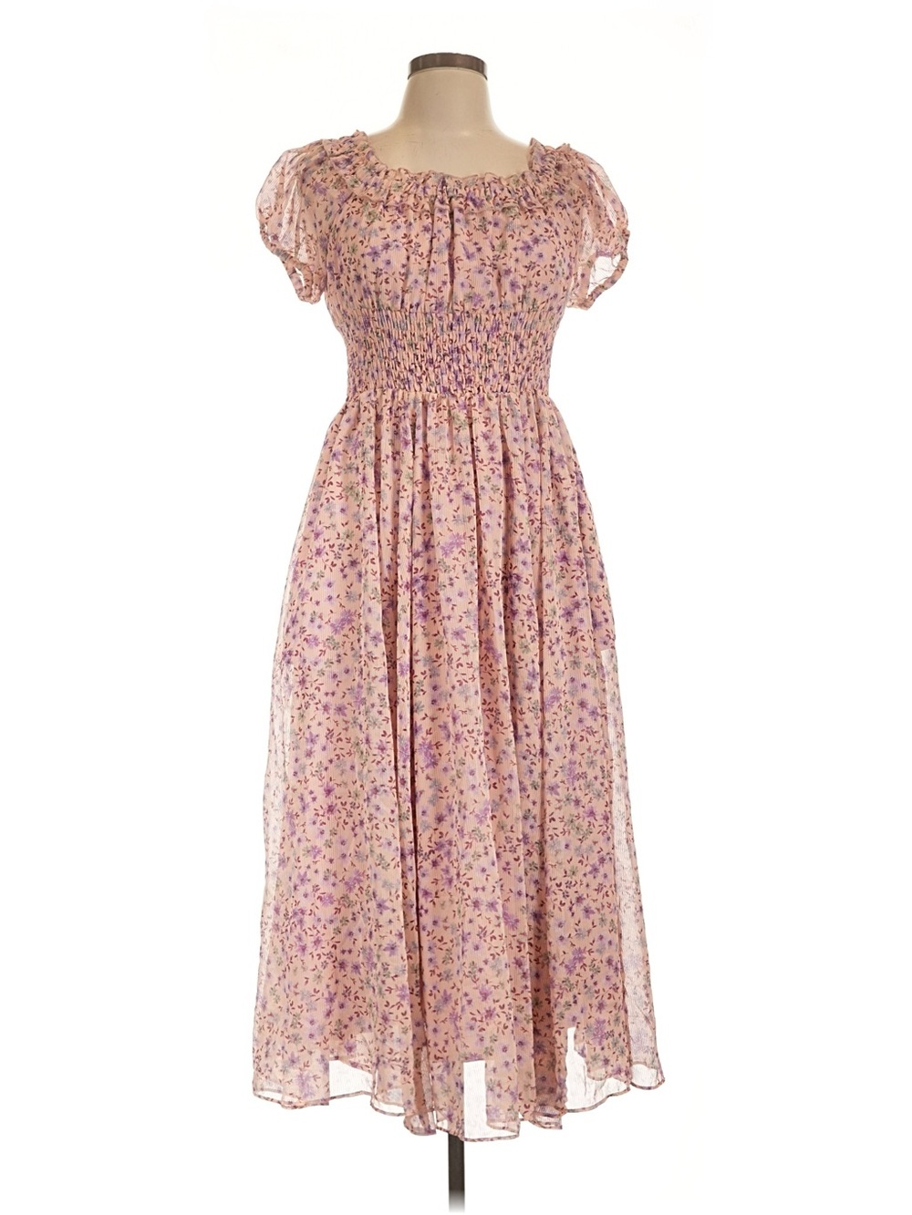 Rachel Parcel 12 Pink Floral Smocked Midi Dress